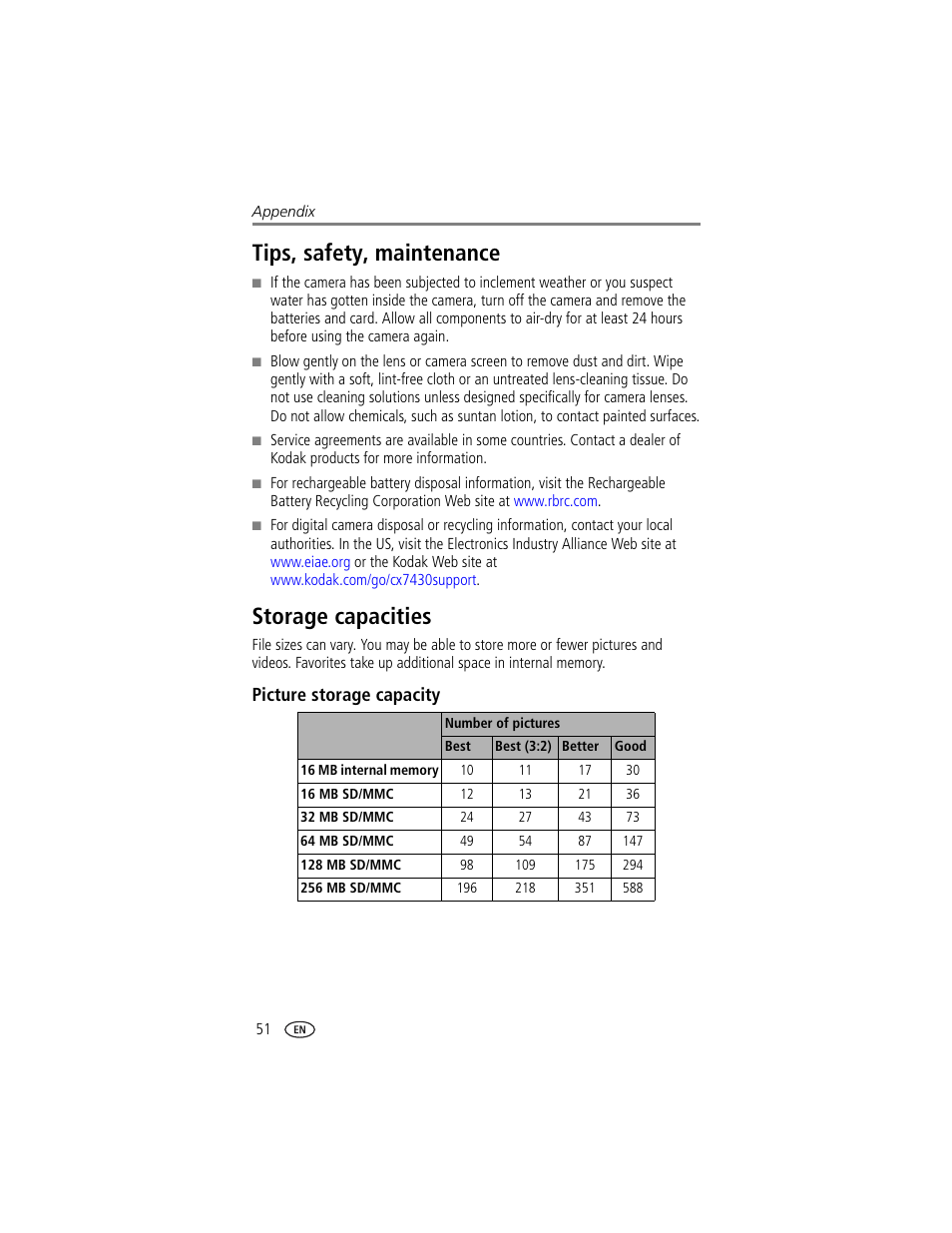 Tips, safety, maintenance, Storage capacities, Picture storage capacity | Tips, safety, maintenance storage capacities | Kodak CX7430 User Manual | Page 58 / 66