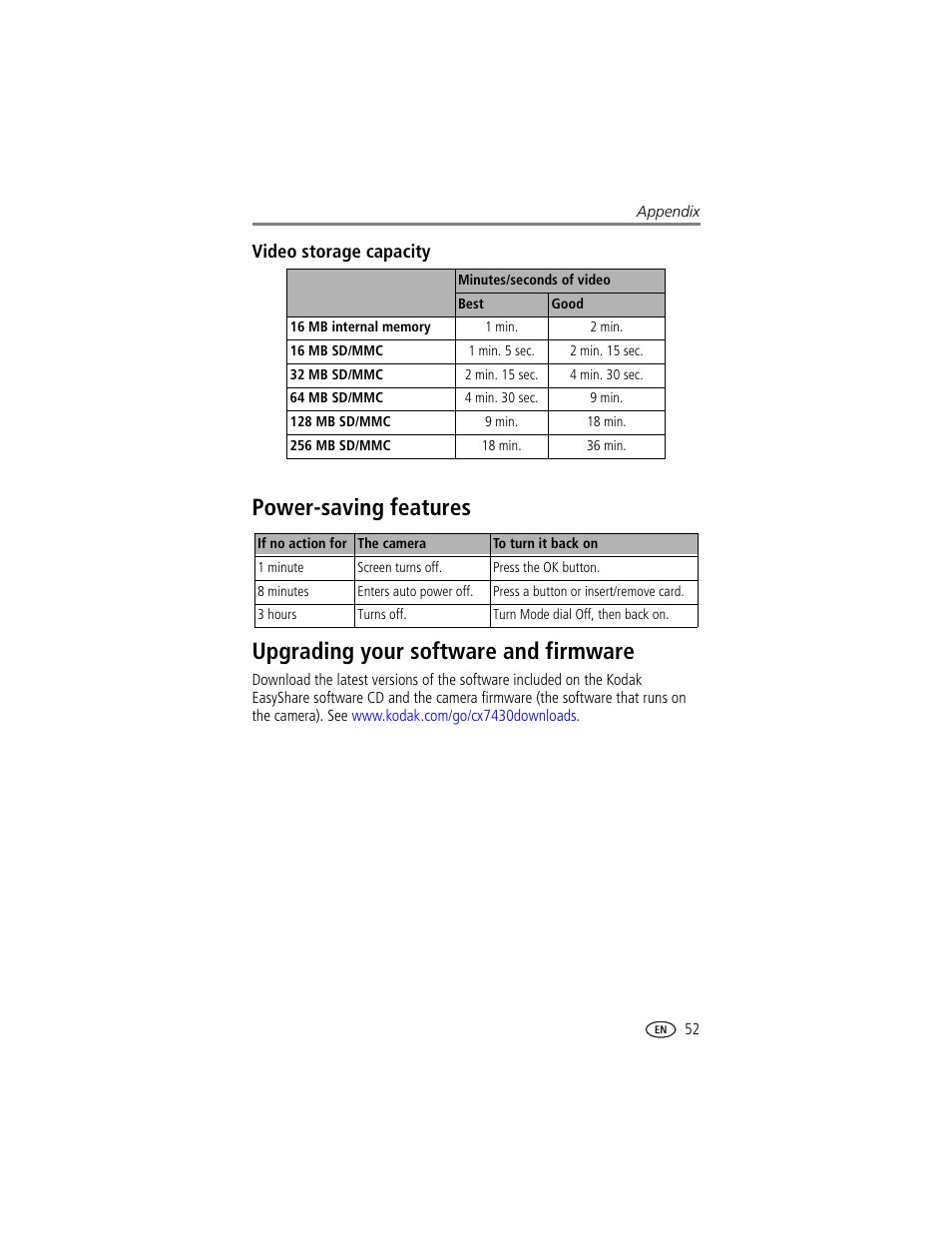Video storage capacity, Power-saving features, Upgrading your software and firmware | Kodak CX7430 User Manual | Page 59 / 66