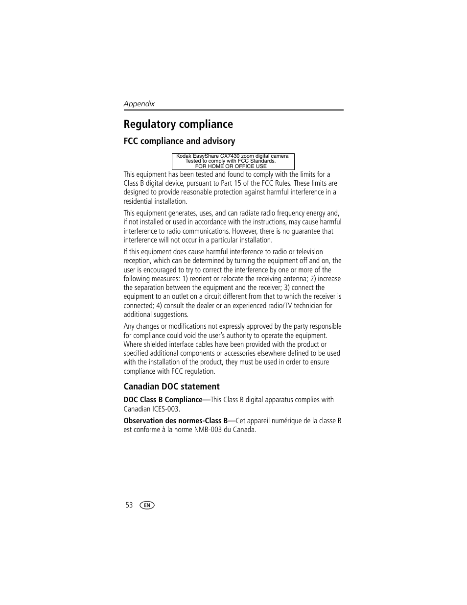 Regulatory compliance, Fcc compliance and advisory, Canadian doc statement | Kodak CX7430 User Manual | Page 60 / 66