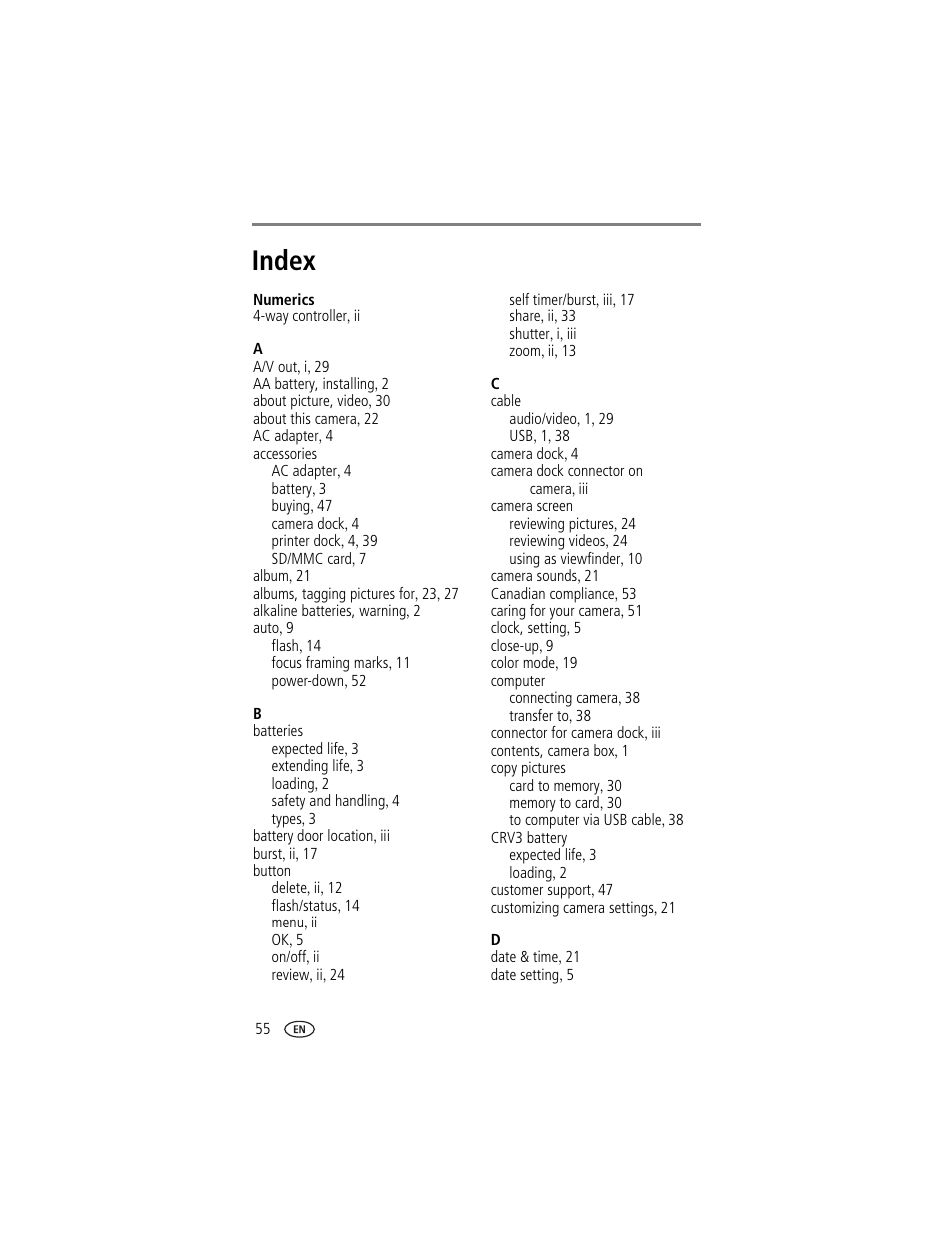 Index | Kodak CX7430 User Manual | Page 62 / 66