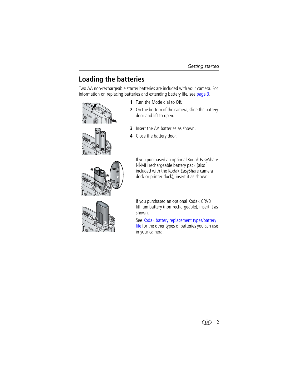 Loading the batteries | Kodak CX7430 User Manual | Page 9 / 66