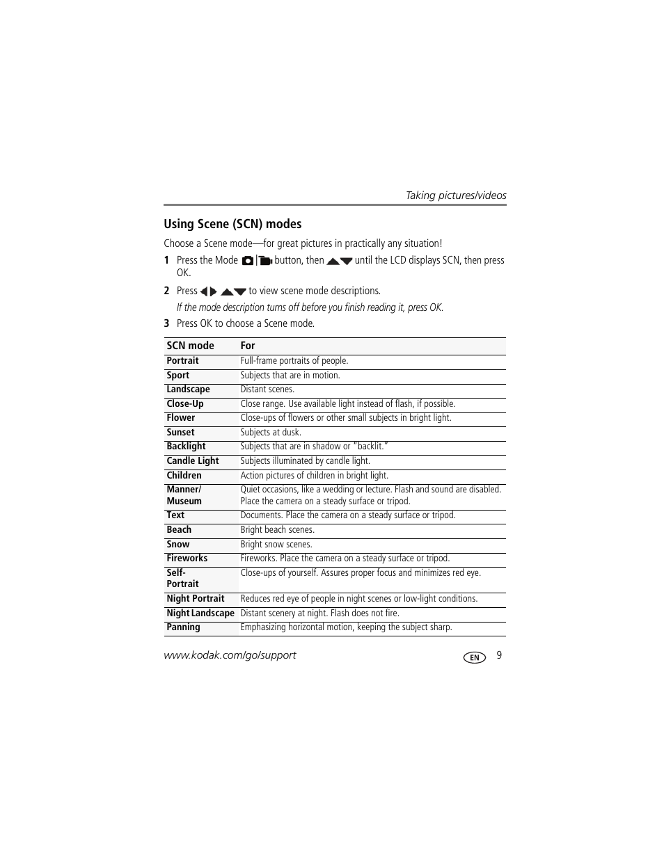 Using scene (scn) modes | Kodak C183 User Manual | Page 15 / 64