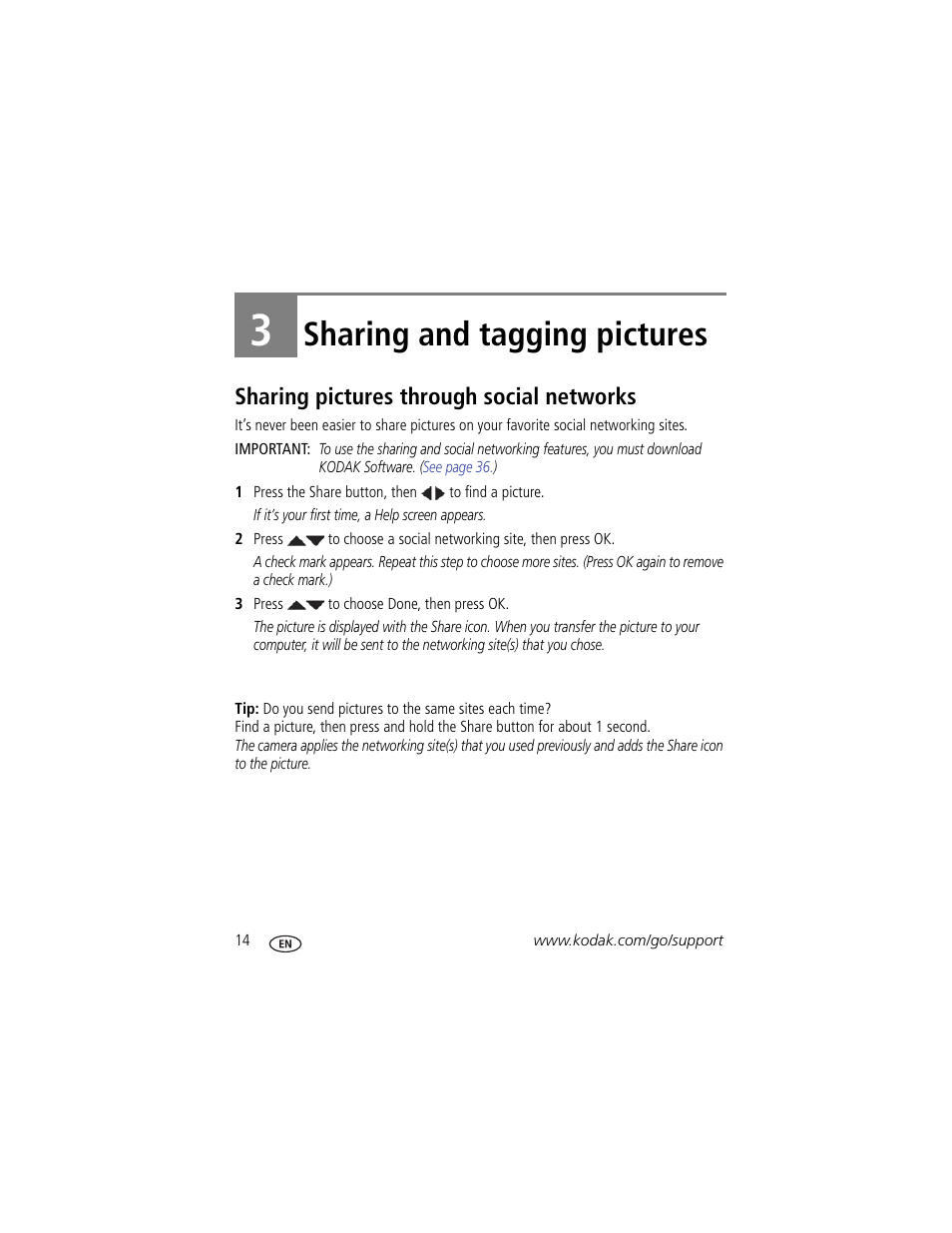 Sharing and tagging pictures, Sharing pictures through social networks, 3 sharing and tagging pictures | Kodak C183 User Manual | Page 20 / 64