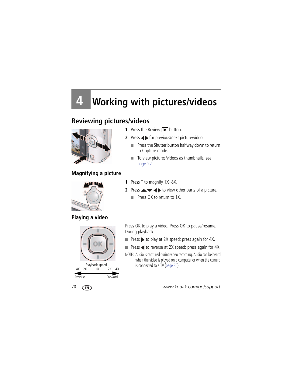 Working with pictures/videos, Reviewing pictures/videos, Magnifying a picture | Playing a video, 4 working with pictures/videos | Kodak C183 User Manual | Page 26 / 64