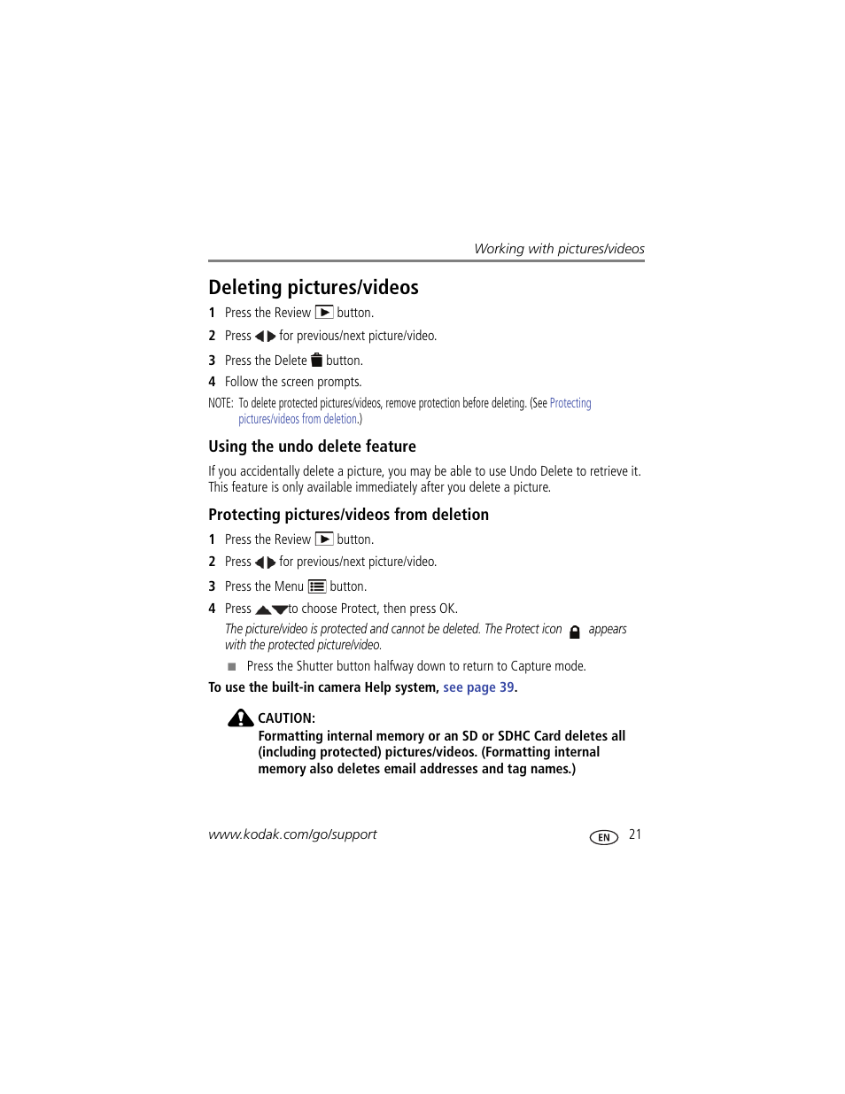 Deleting pictures/videos, Using the undo delete feature, Protecting pictures/videos from deletion | Kodak C183 User Manual | Page 27 / 64