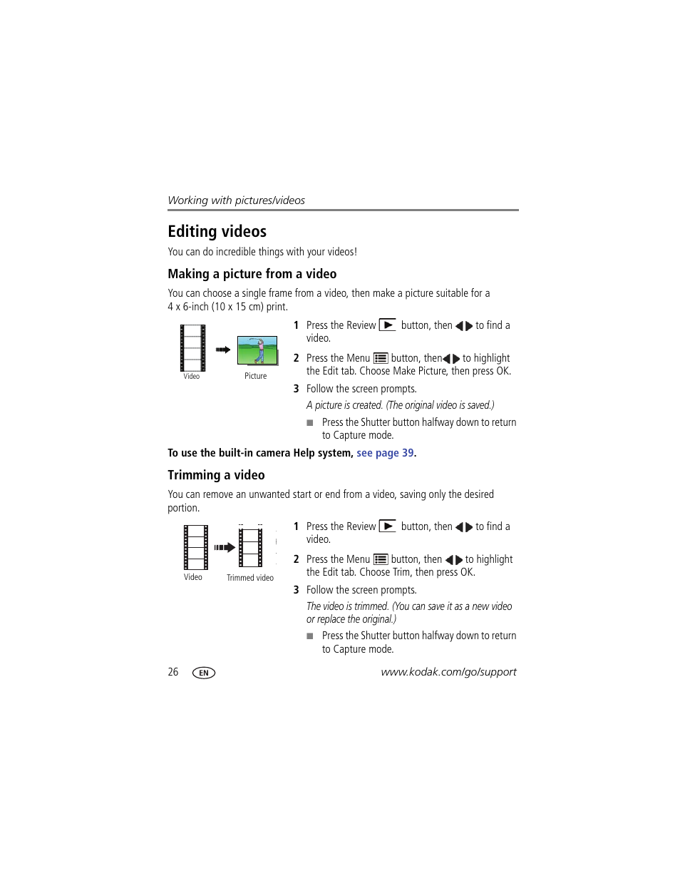 Editing videos, Making a picture from a video, Trimming a video | Kodak C183 User Manual | Page 32 / 64