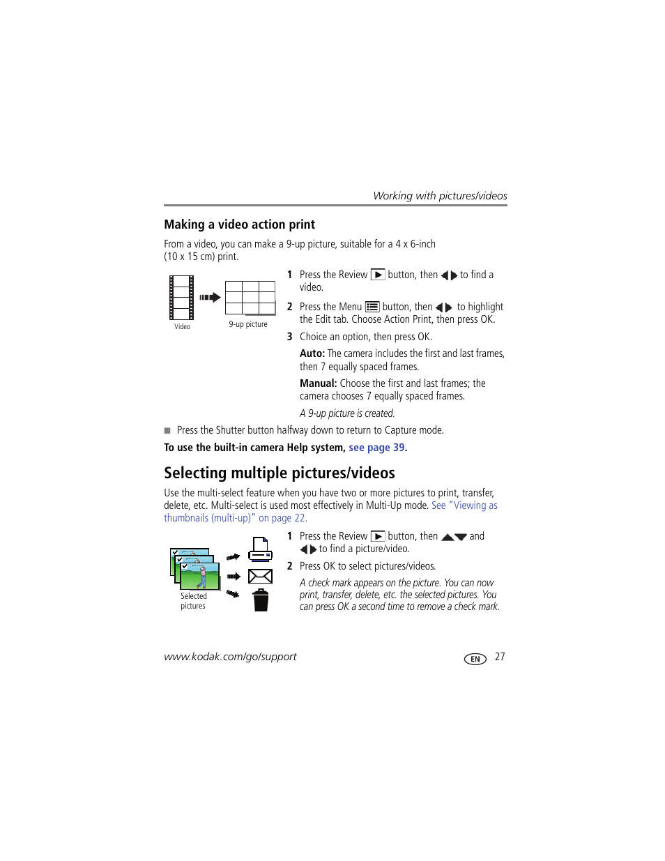 Making a video action print, Selecting multiple pictures/videos | Kodak C183 User Manual | Page 33 / 64