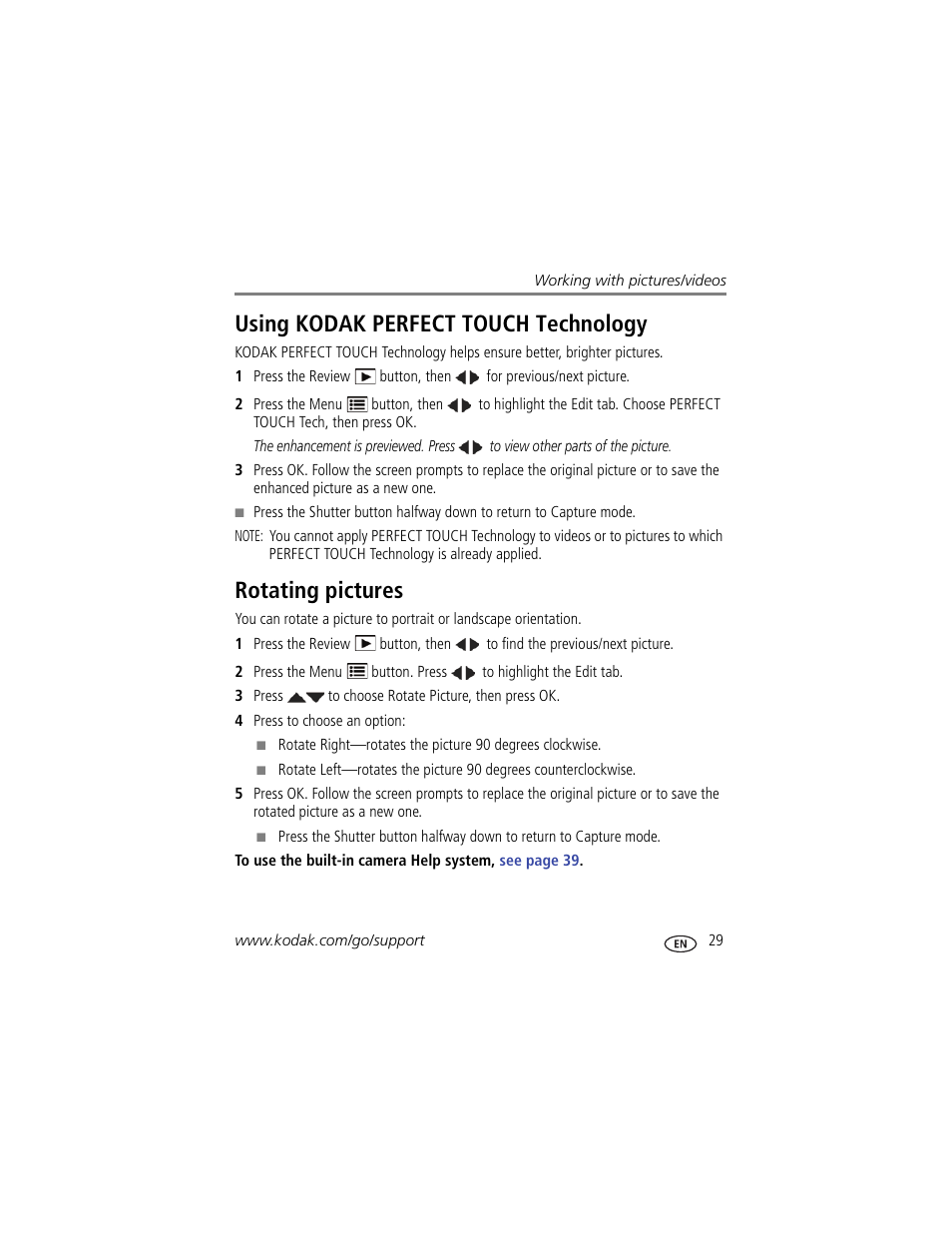 Using kodak perfect touch technology, Rotating pictures | Kodak C183 User Manual | Page 35 / 64