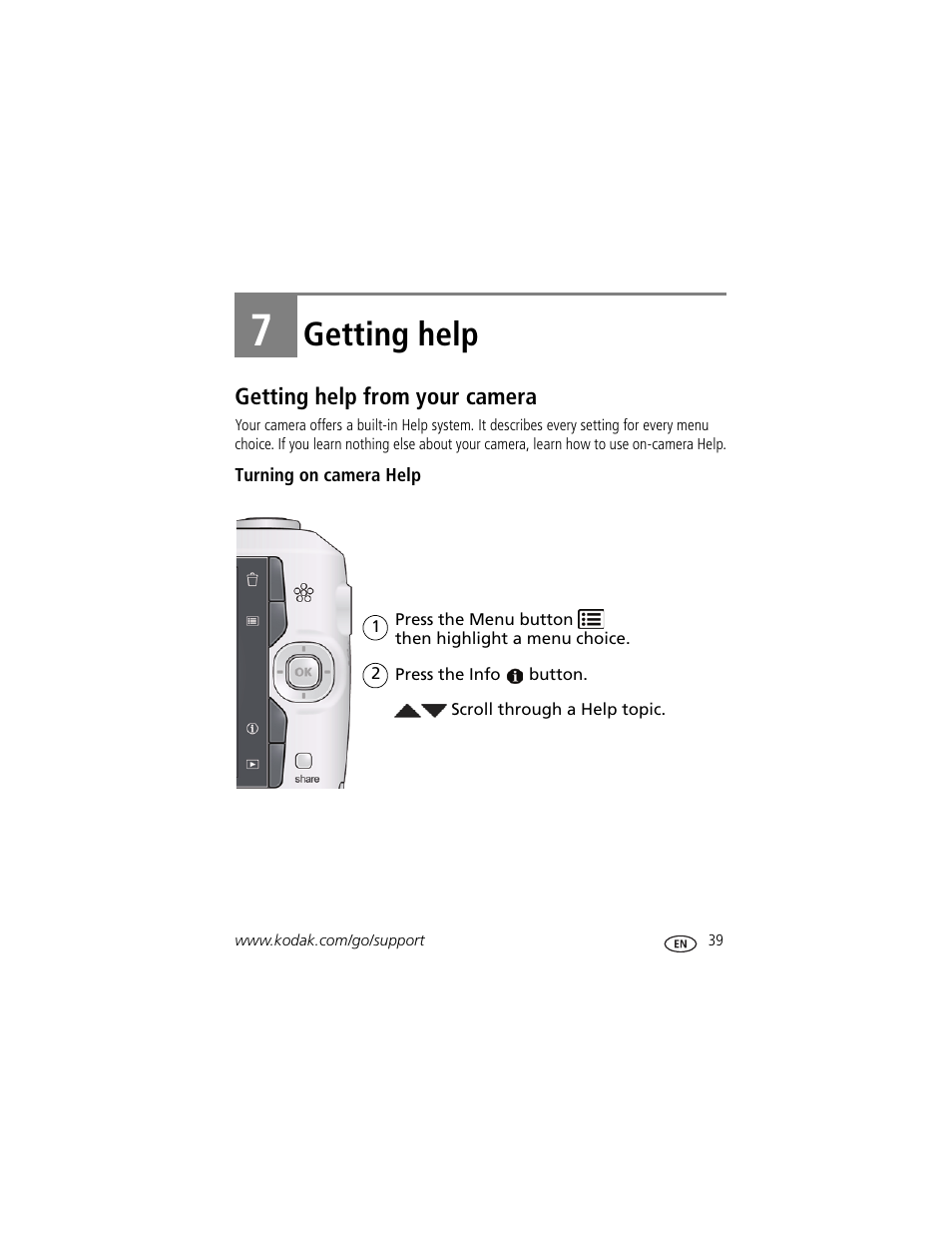 Getting help, Getting help from your camera, Turning on camera help | 7 getting help | Kodak C183 User Manual | Page 45 / 64