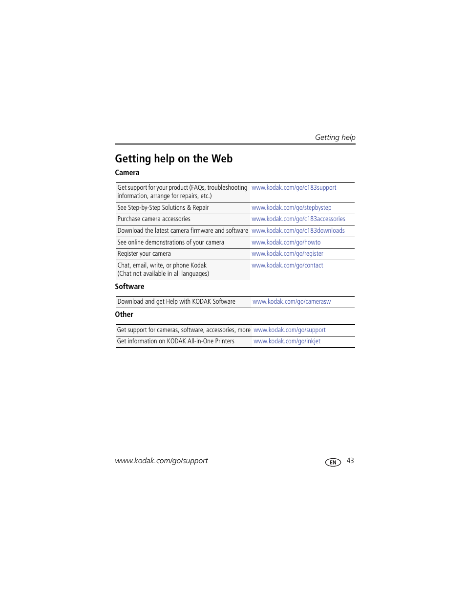 Getting help on the web | Kodak C183 User Manual | Page 49 / 64