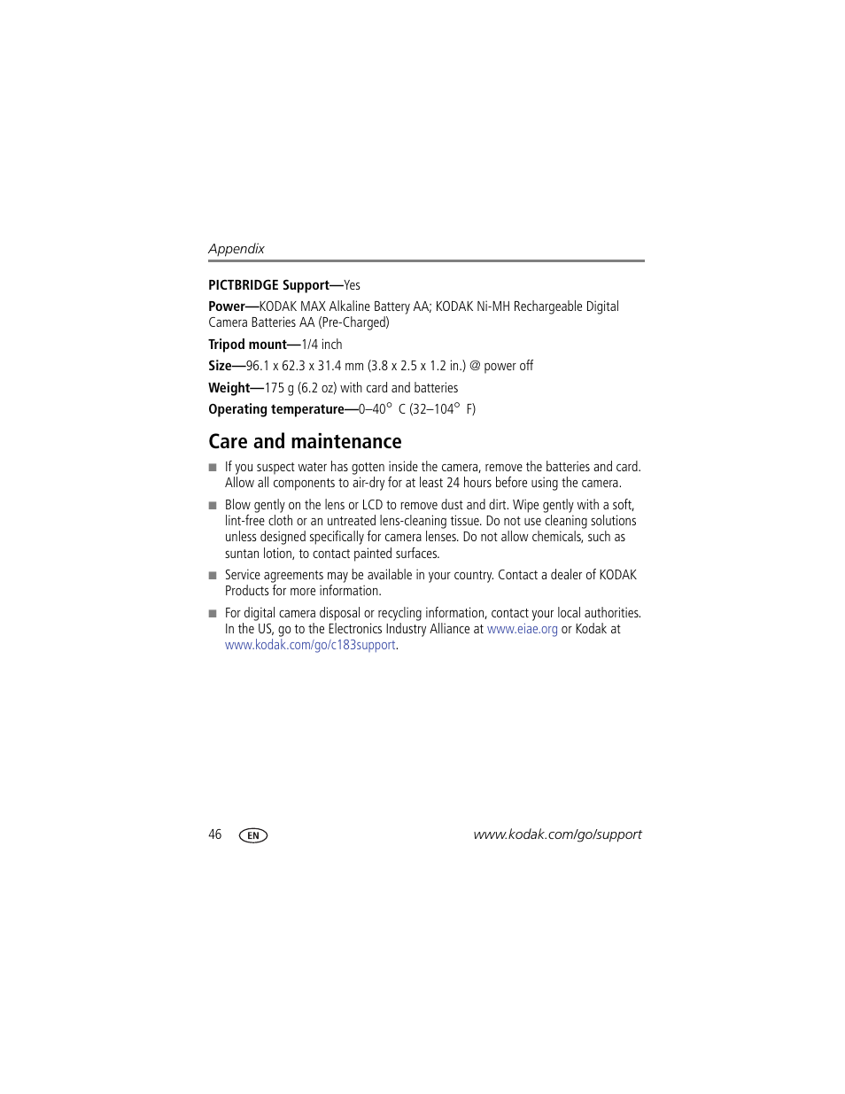 Care and maintenance | Kodak C183 User Manual | Page 52 / 64