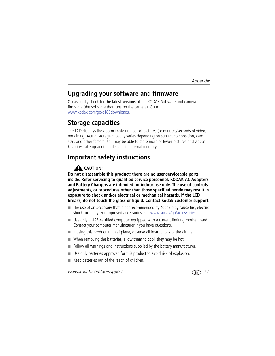 Upgrading your software and firmware, Storage capacities, Important safety instructions | Kodak C183 User Manual | Page 53 / 64