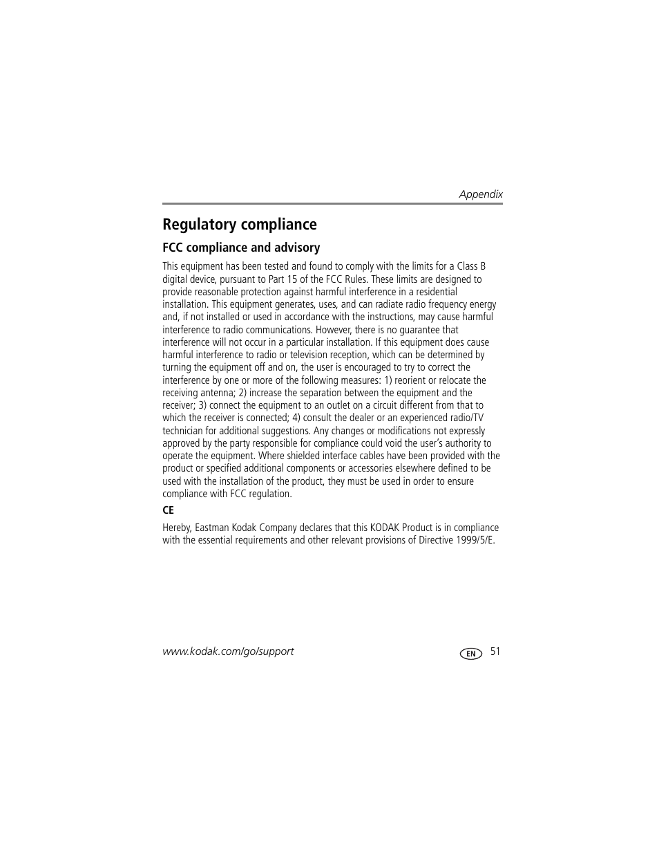 Regulatory compliance, Fcc compliance and advisory | Kodak C183 User Manual | Page 57 / 64