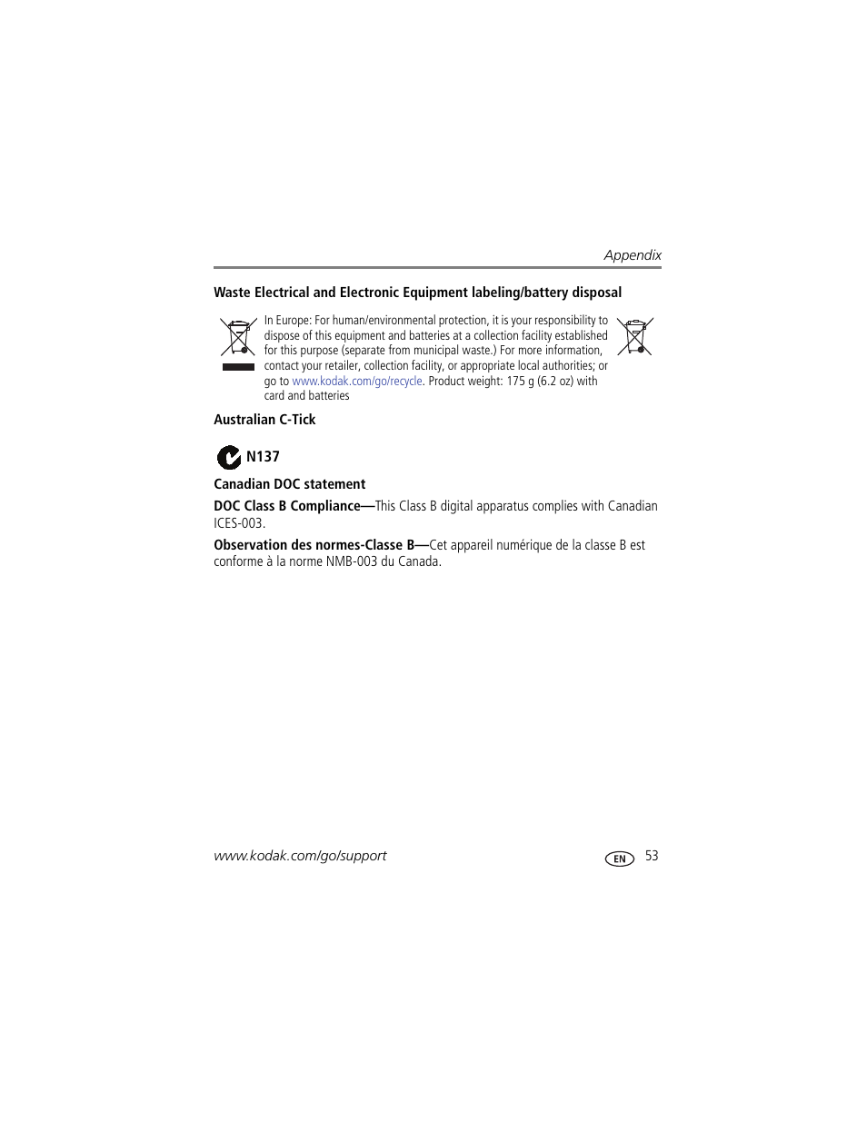 Australian c-tick, Canadian doc statement | Kodak C183 User Manual | Page 59 / 64