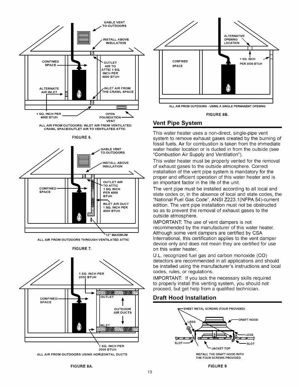 Vent pipe system, Draft hood installation | A.O. Smith Water Heater User Manual | Page 13 / 36