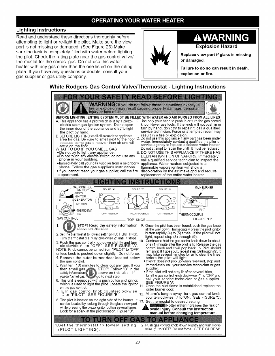 Awarning, For your safety read before lighting, Lighting instructions | Operating your water heater | A.O. Smith Water Heater User Manual | Page 20 / 36