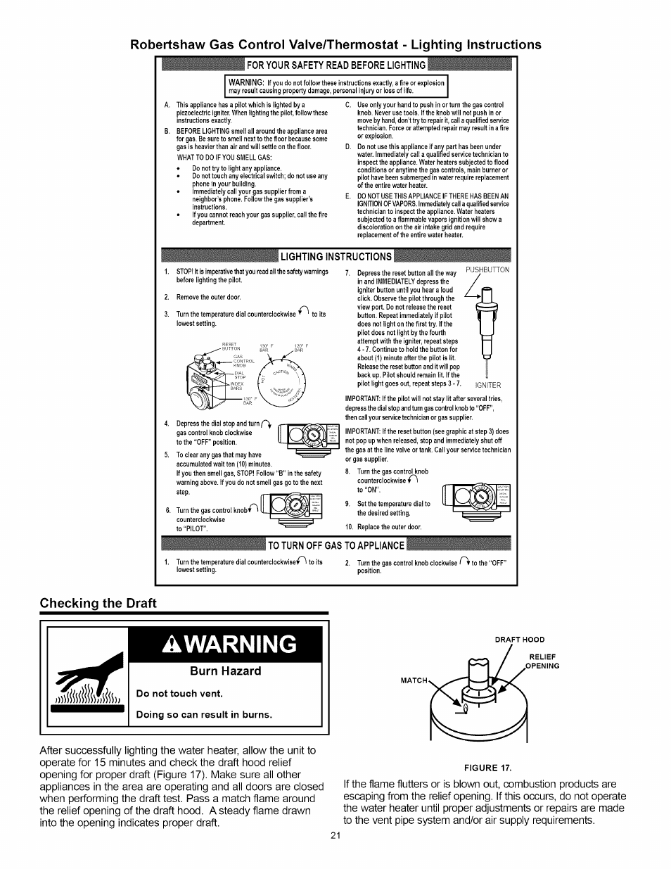 Âwarning, Burn hazard, For your safety read before lighting | Lighting instructions, Do not touch vent. doing so can result in burns | A.O. Smith Water Heater User Manual | Page 21 / 36