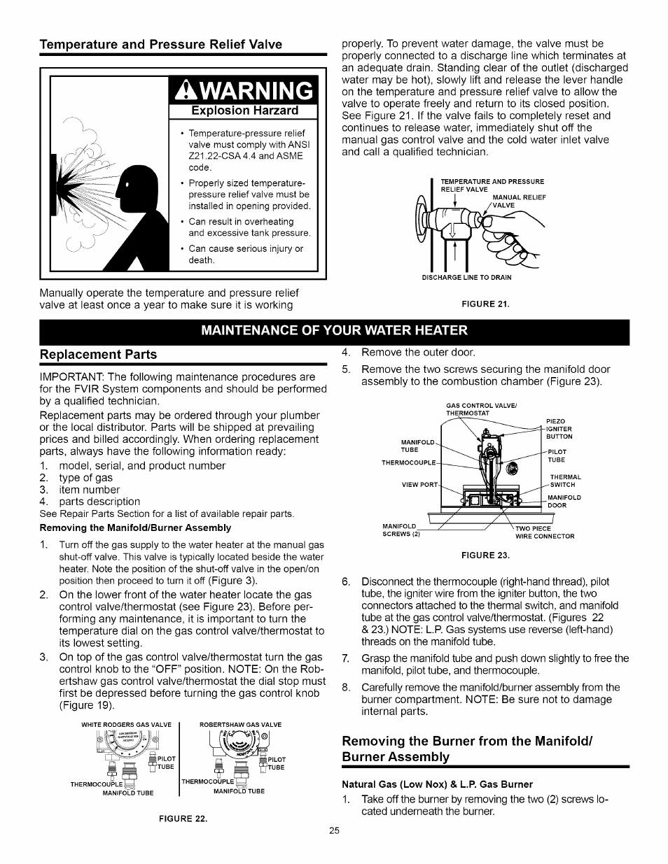 Awarning, Temperature and pressure relief valve, Maintenance of your water heater replacement parts | A.O. Smith Water Heater User Manual | Page 25 / 36