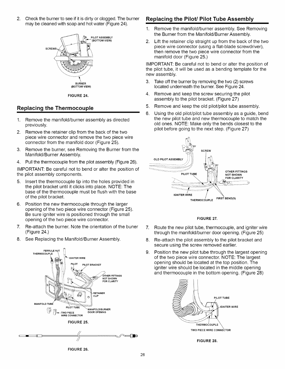 Replacing the thermocouple, Replacing the pilot/ pilot tube assembly | A.O. Smith Water Heater User Manual | Page 26 / 36