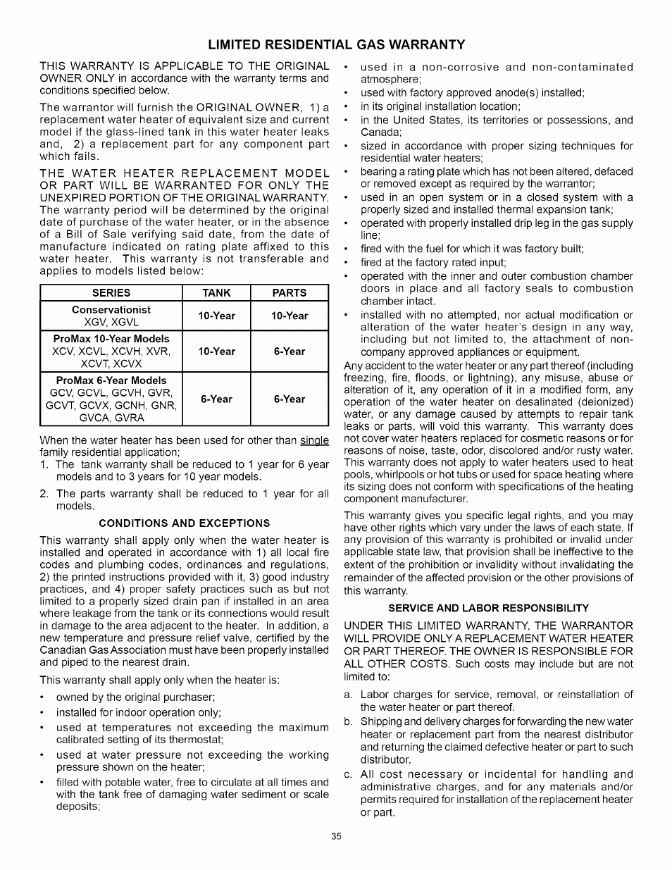 Limited residential gas warranty | A.O. Smith Water Heater User Manual | Page 35 / 36