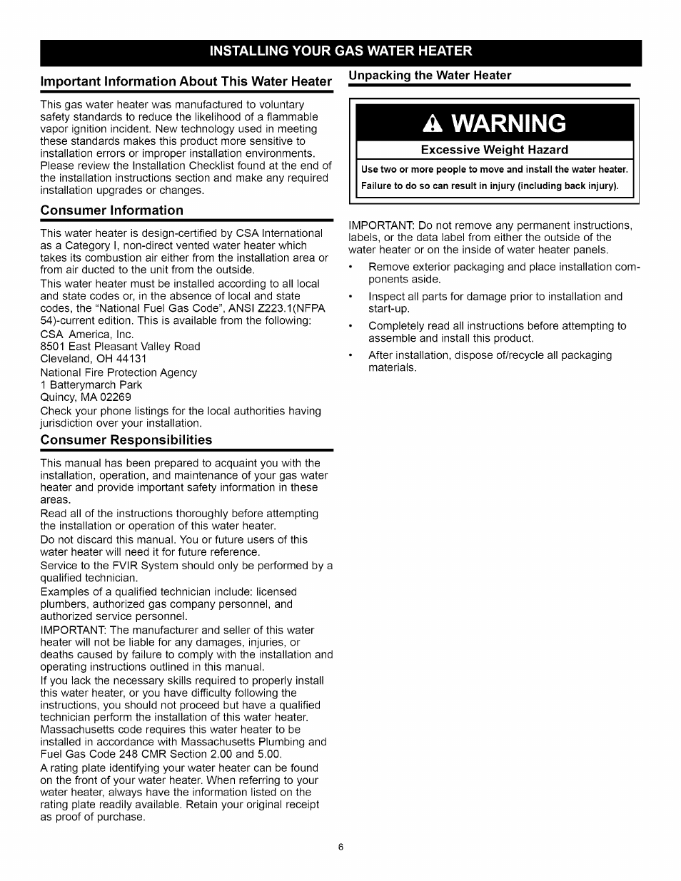 Warning | A.O. Smith Water Heater User Manual | Page 6 / 36