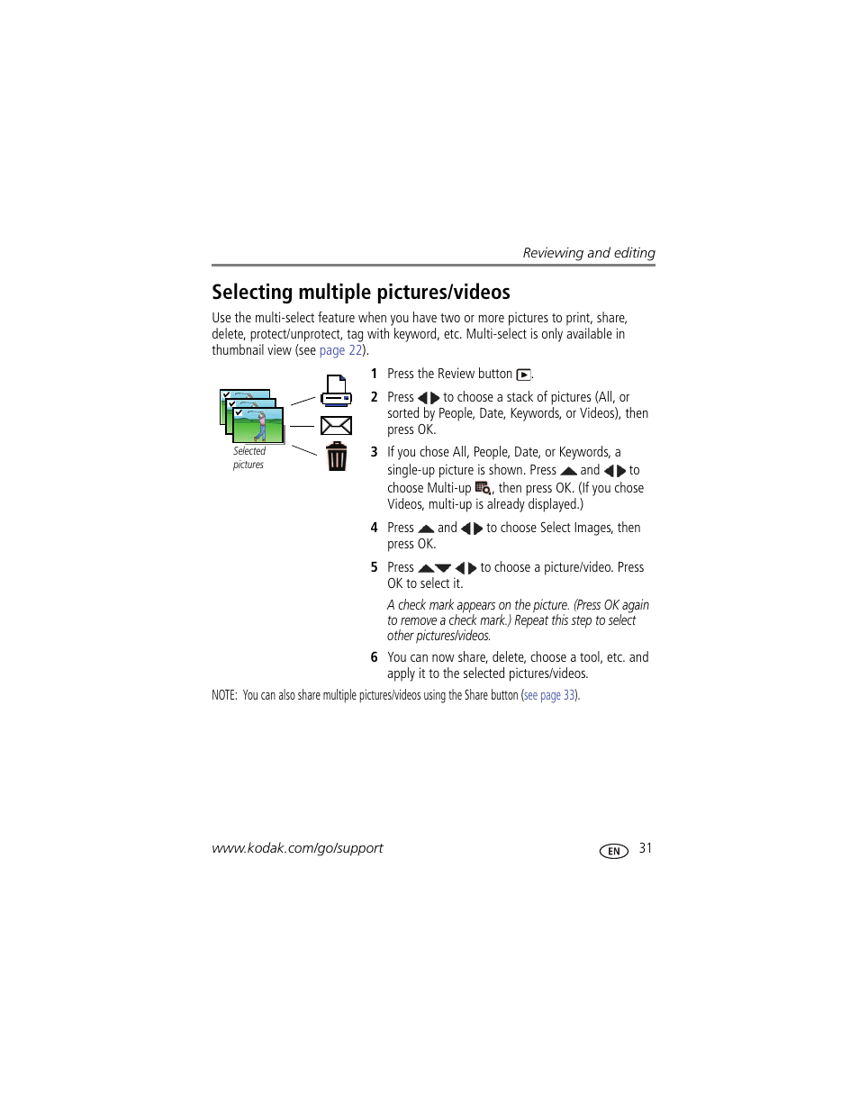 Selecting multiple pictures/videos | Kodak M552 User Manual | Page 37 / 70