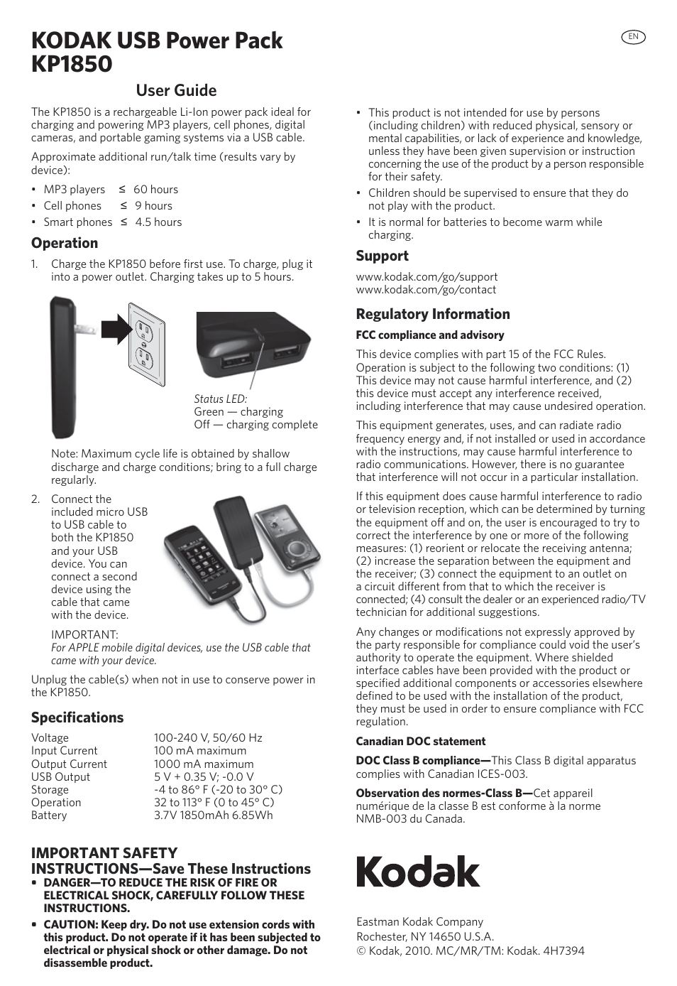 Kodak Other Chargers User Manual | 1 page