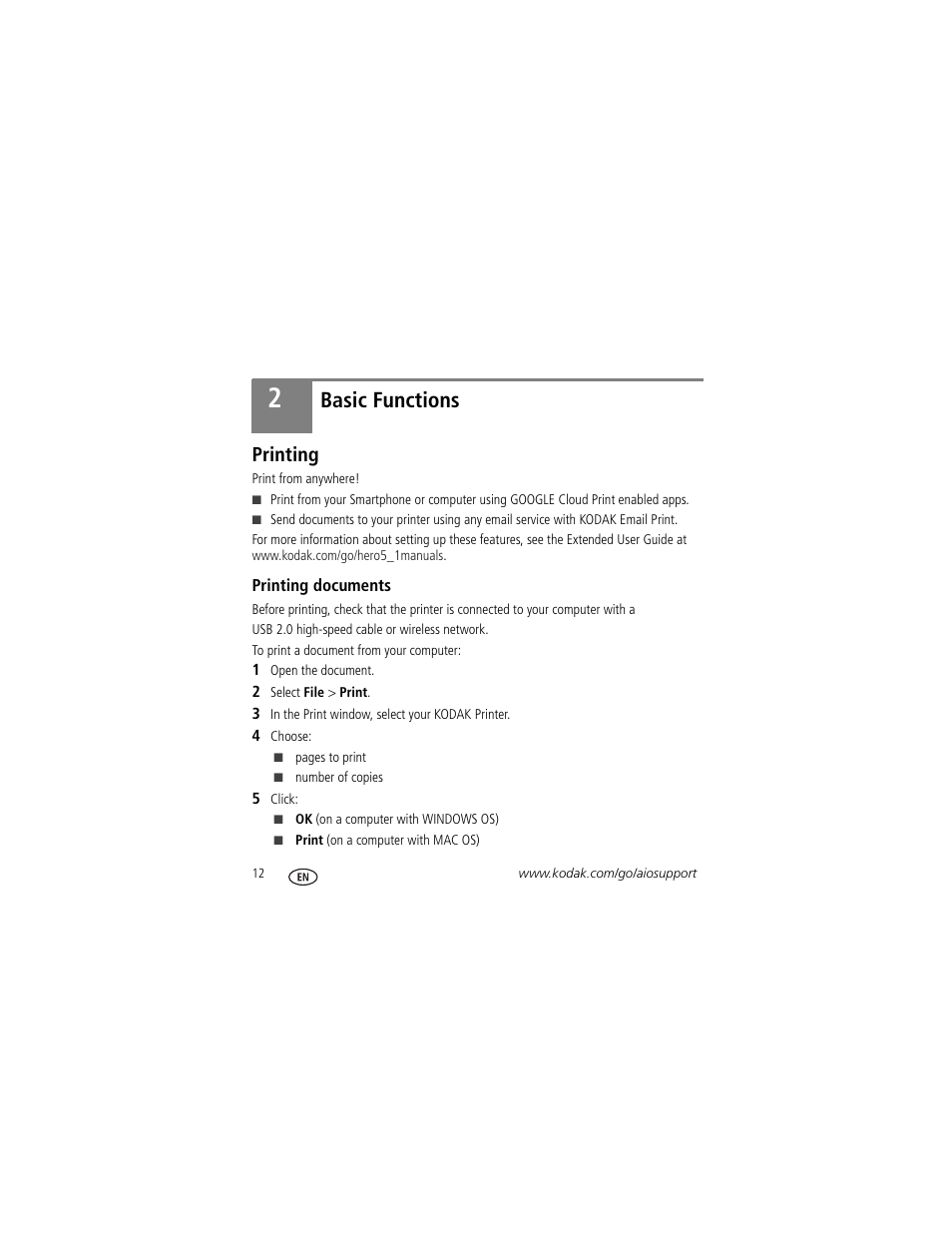 Basic functions, Printing, Printing documents | 2 basic functions | Kodak HERO 5.1 User Manual | Page 18 / 36