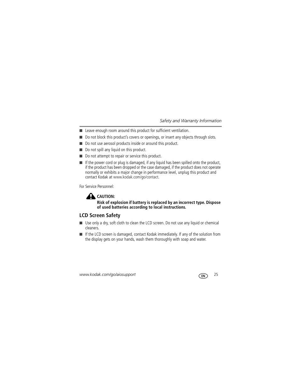 Lcd screen safety | Kodak HERO 5.1 User Manual | Page 31 / 36