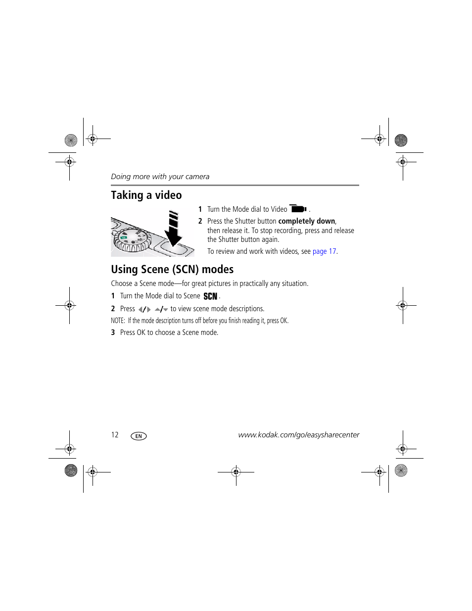 Taking a video, Using scene (scn) modes | Kodak M380 User Manual | Page 12 / 27