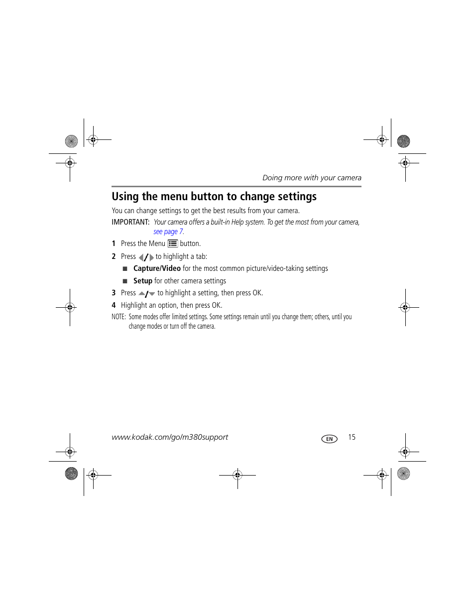 Using the menu button to change settings | Kodak M380 User Manual | Page 15 / 27