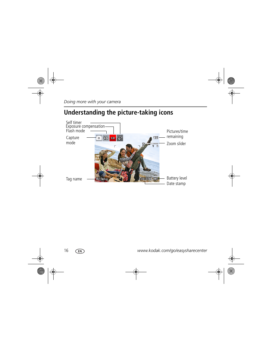 Understanding the picture-taking icons | Kodak M380 User Manual | Page 16 / 27