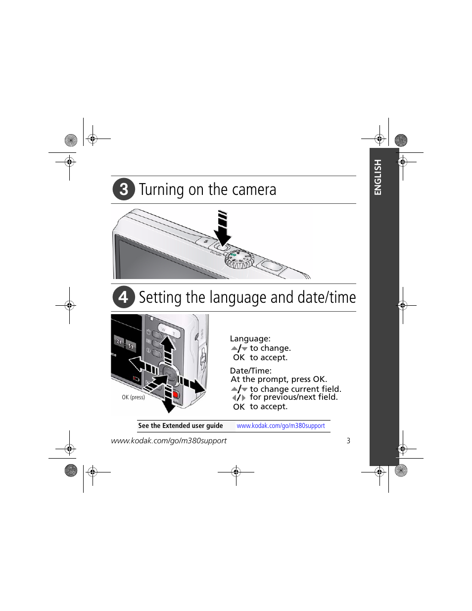 Turning on the camera, Setting the language and date/time | Kodak M380 User Manual | Page 3 / 27