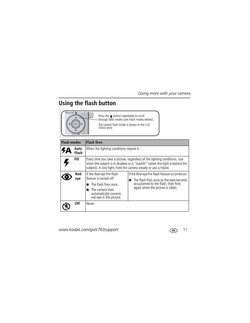 Using the flash button | Kodak C763 User Manual | Page 11 / 26