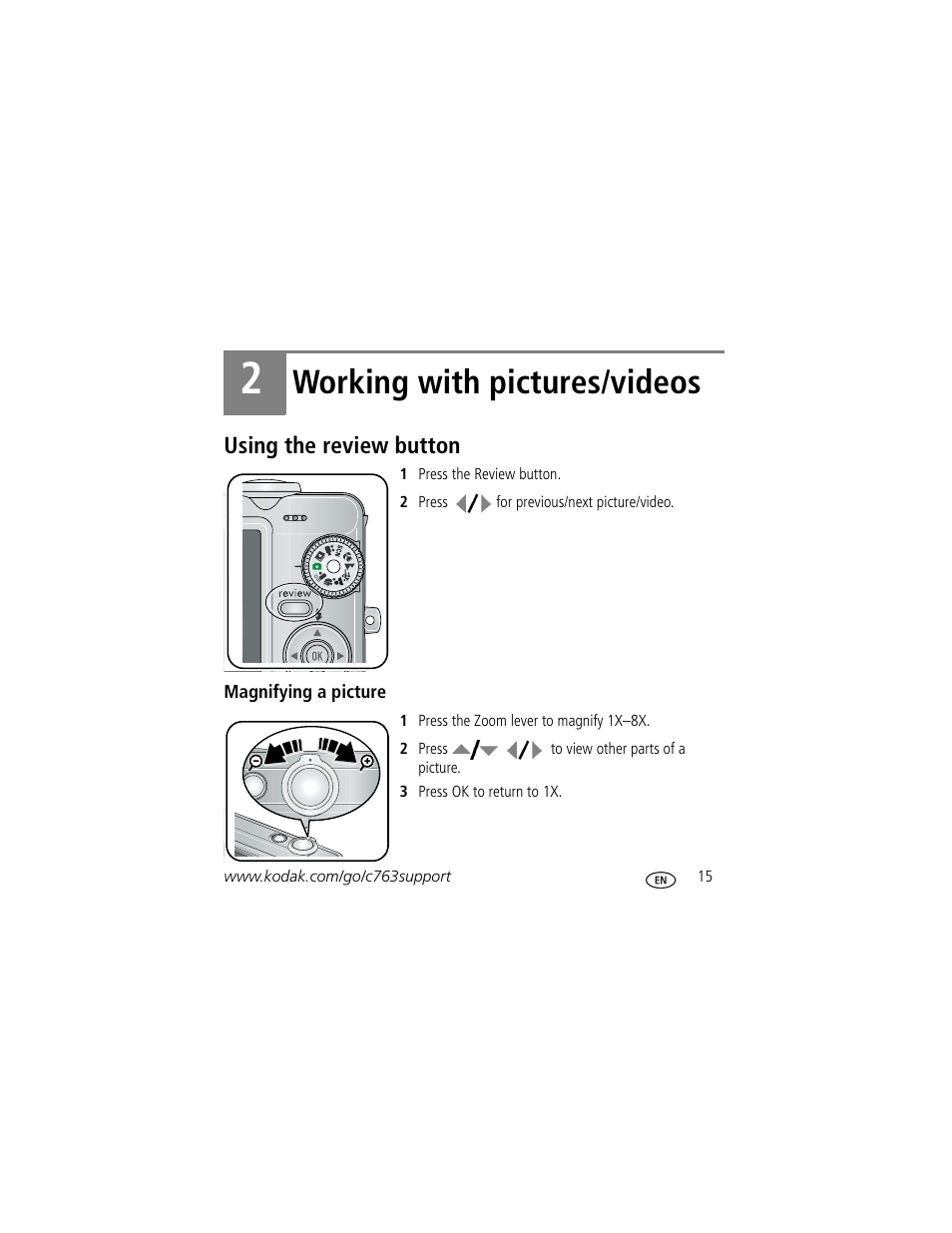 Working with pictures/videos, Using the review button | Kodak C763 User Manual | Page 15 / 26