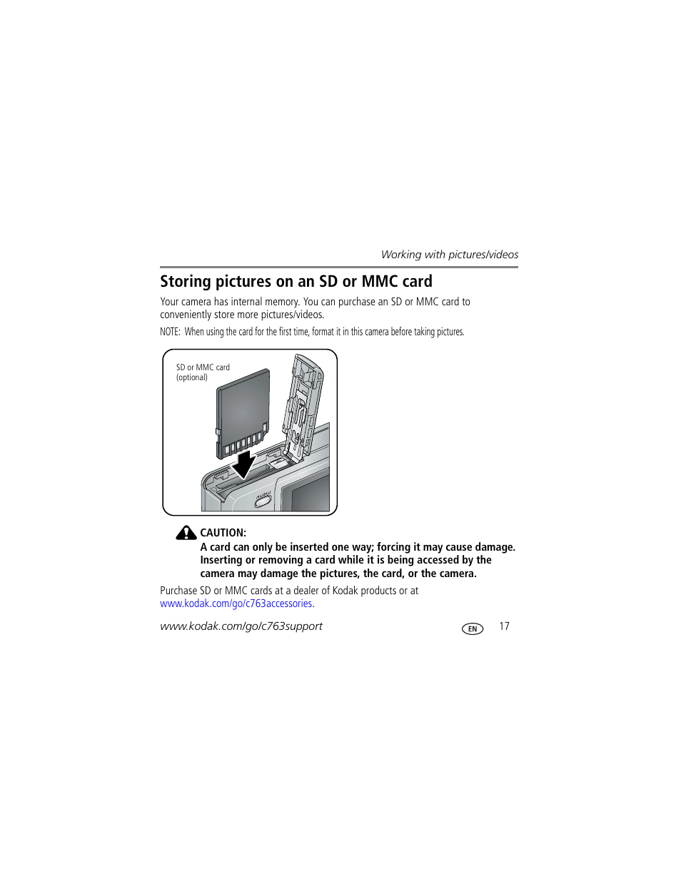 Storing pictures on an sd or mmc card | Kodak C763 User Manual | Page 17 / 26
