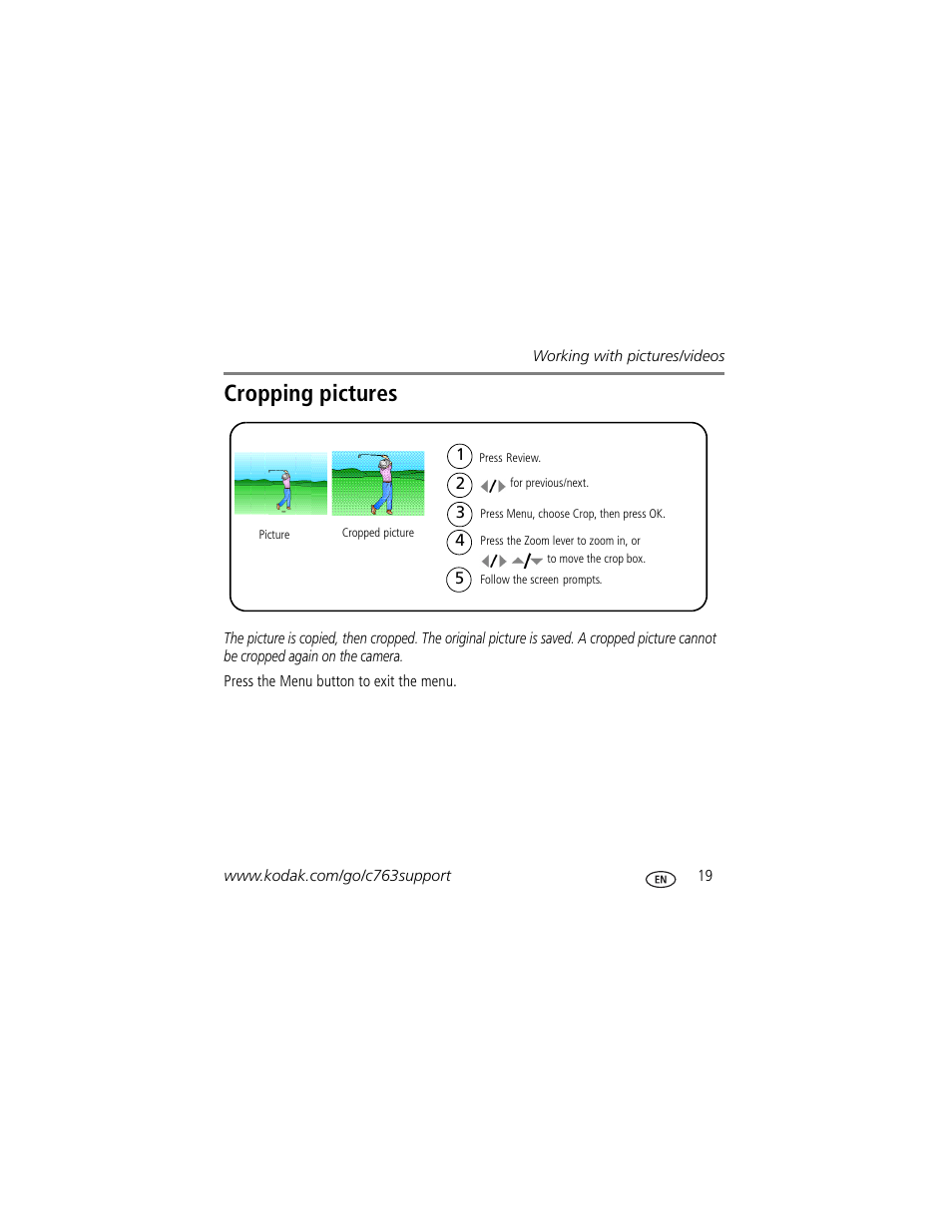 Cropping pictures | Kodak C763 User Manual | Page 19 / 26
