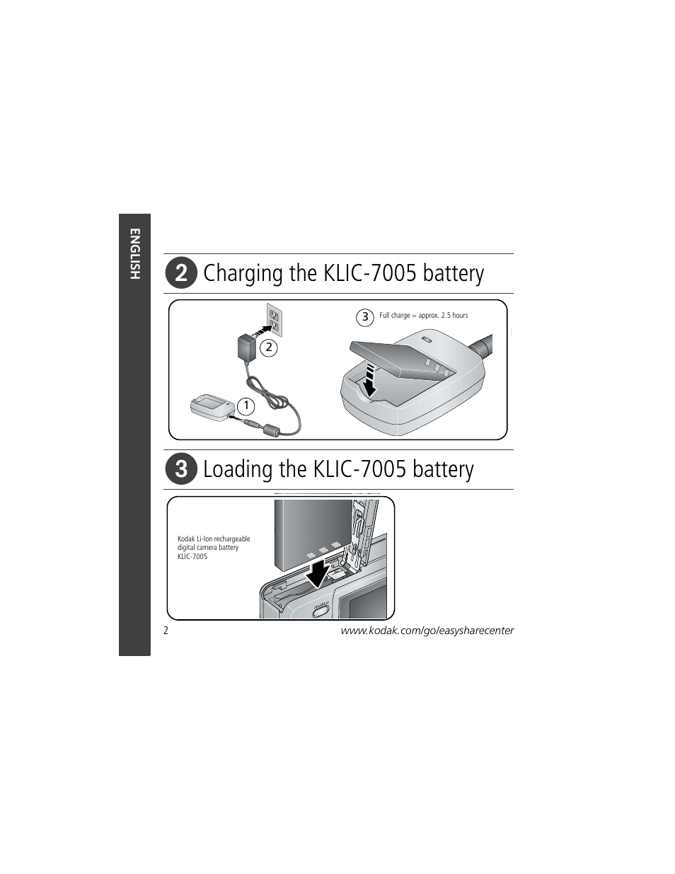 Charging the klic-7005 battery, Loading the klic-7005 battery | Kodak C763 User Manual | Page 2 / 26
