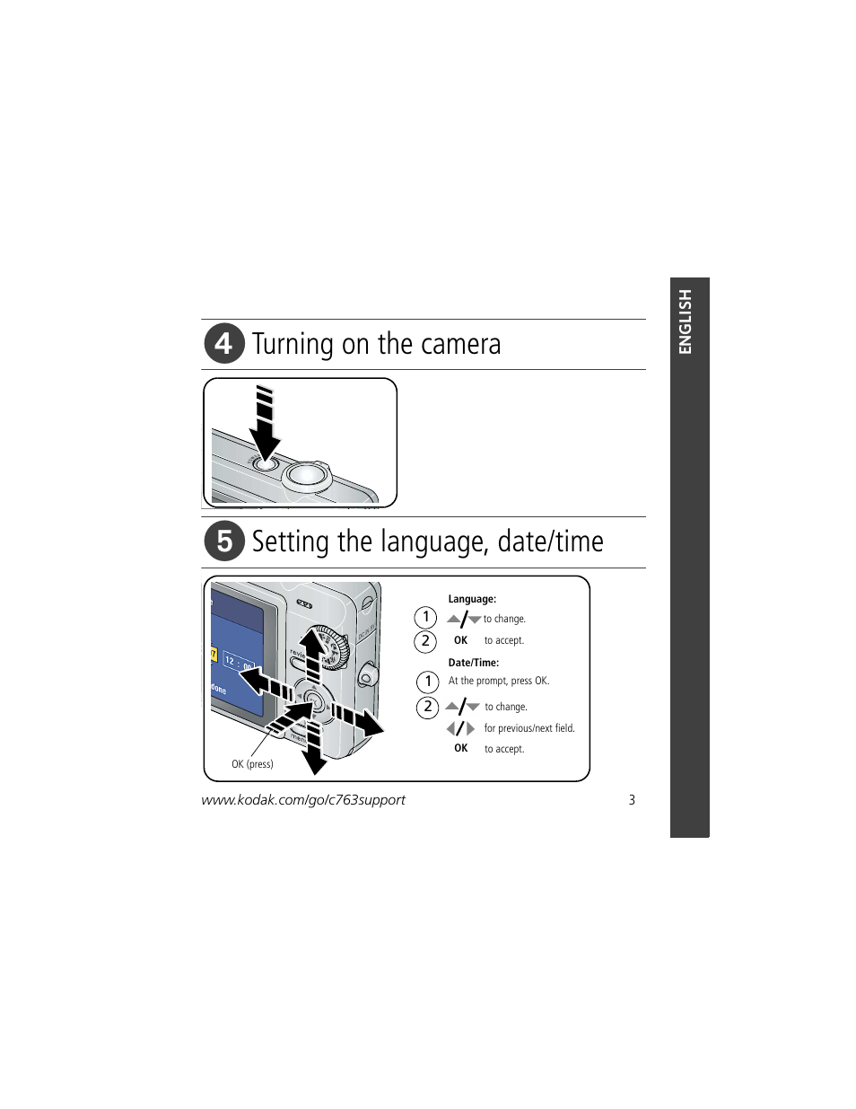 Turning on the camera, Setting the language, date/time | Kodak C763 User Manual | Page 3 / 26