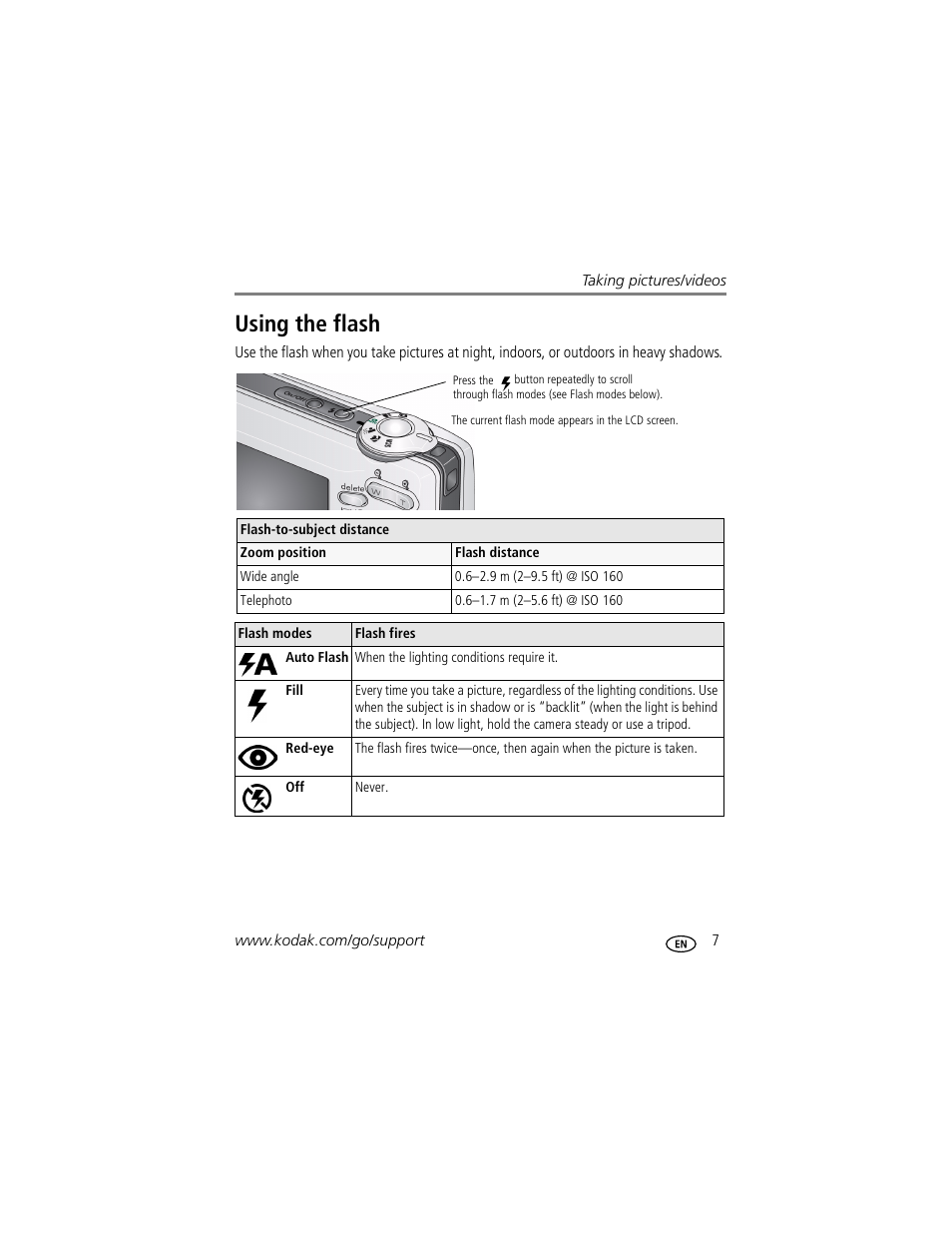 Using the flash | Kodak C513 User Manual | Page 13 / 69