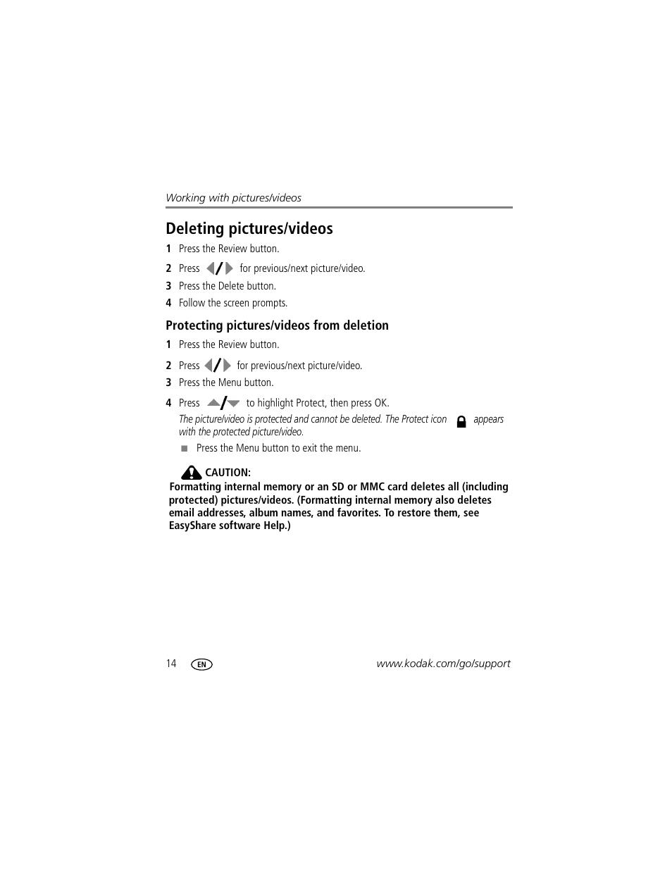 Deleting pictures/videos, Protecting pictures/videos from deletion | Kodak C513 User Manual | Page 20 / 69