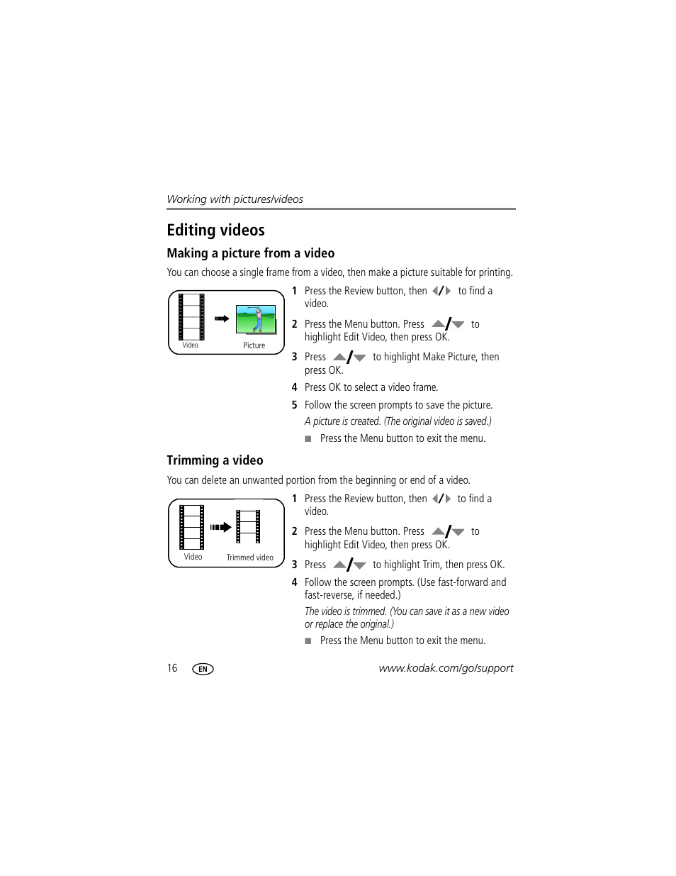 Editing videos, Making a picture from a video, Trimming a video | Kodak C513 User Manual | Page 22 / 69