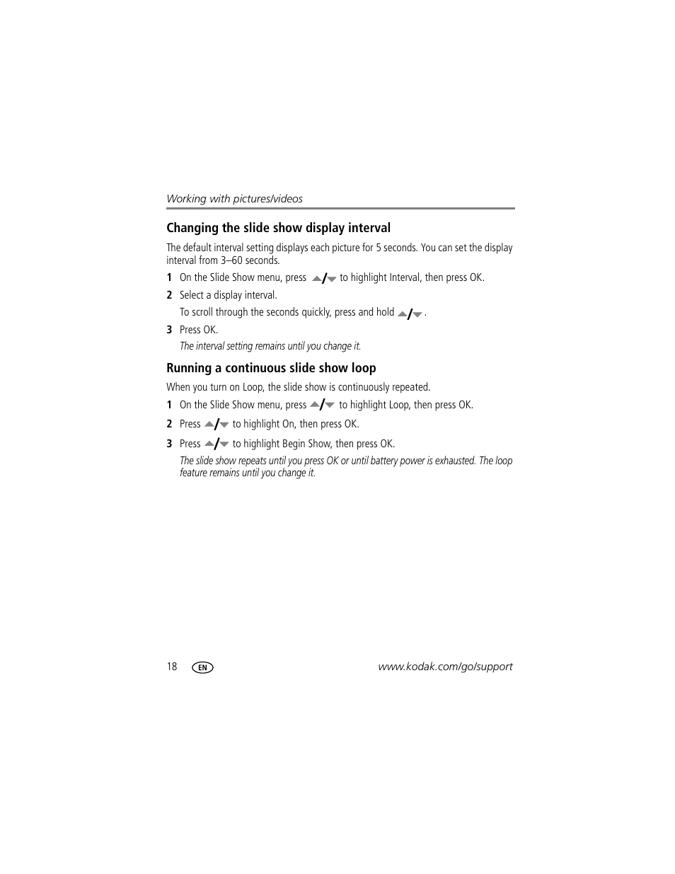 Changing the slide show display interval, Running a continuous slide show loop | Kodak C513 User Manual | Page 24 / 69