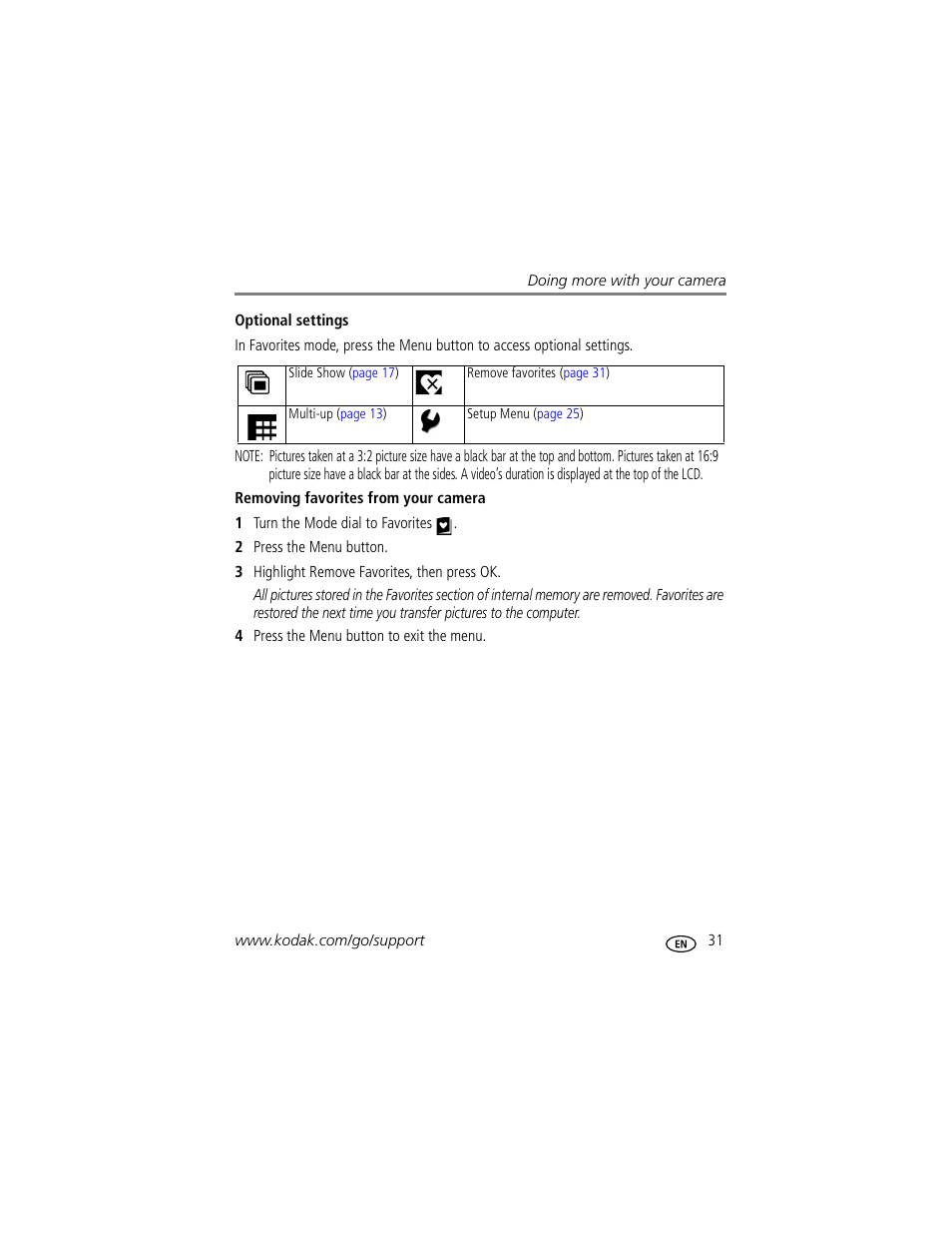 Optional settings, Removing favorites from your camera | Kodak C513 User Manual | Page 37 / 69