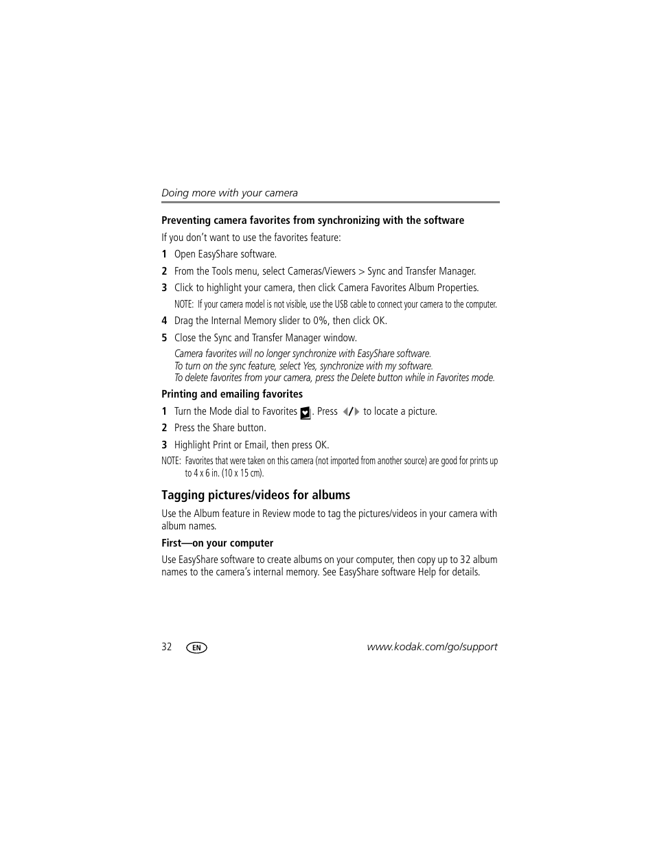 Printing and emailing favorites, Tagging pictures/videos for albums, First-on your computer | Kodak C513 User Manual | Page 38 / 69