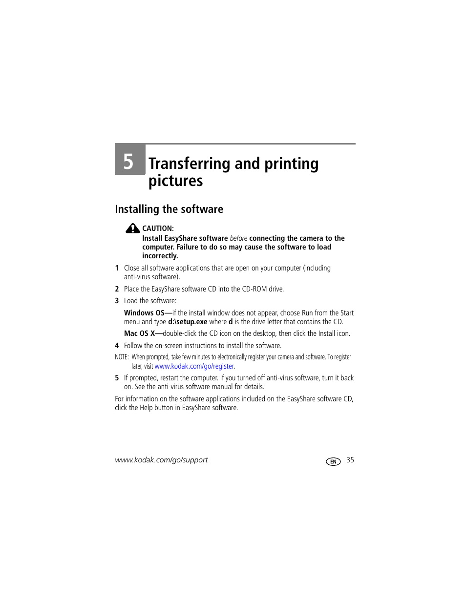 Transferring and printing pictures, Installing the software, 5 transferring and printing pictures | Kodak C513 User Manual | Page 41 / 69