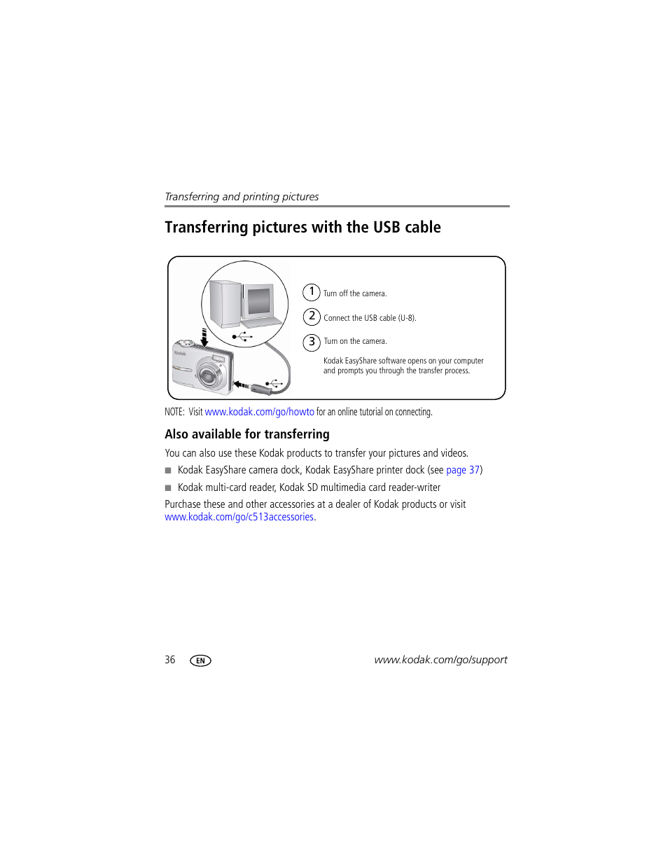 Transferring pictures with the usb cable, Also available for transferring | Kodak C513 User Manual | Page 42 / 69