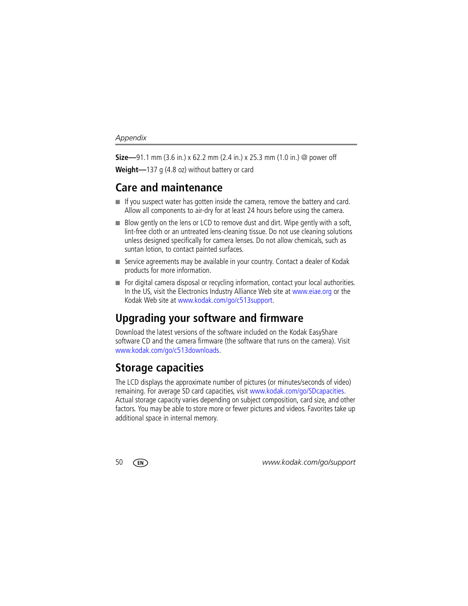 Care and maintenance, Upgrading your software and firmware, Storage capacities | Kodak C513 User Manual | Page 56 / 69