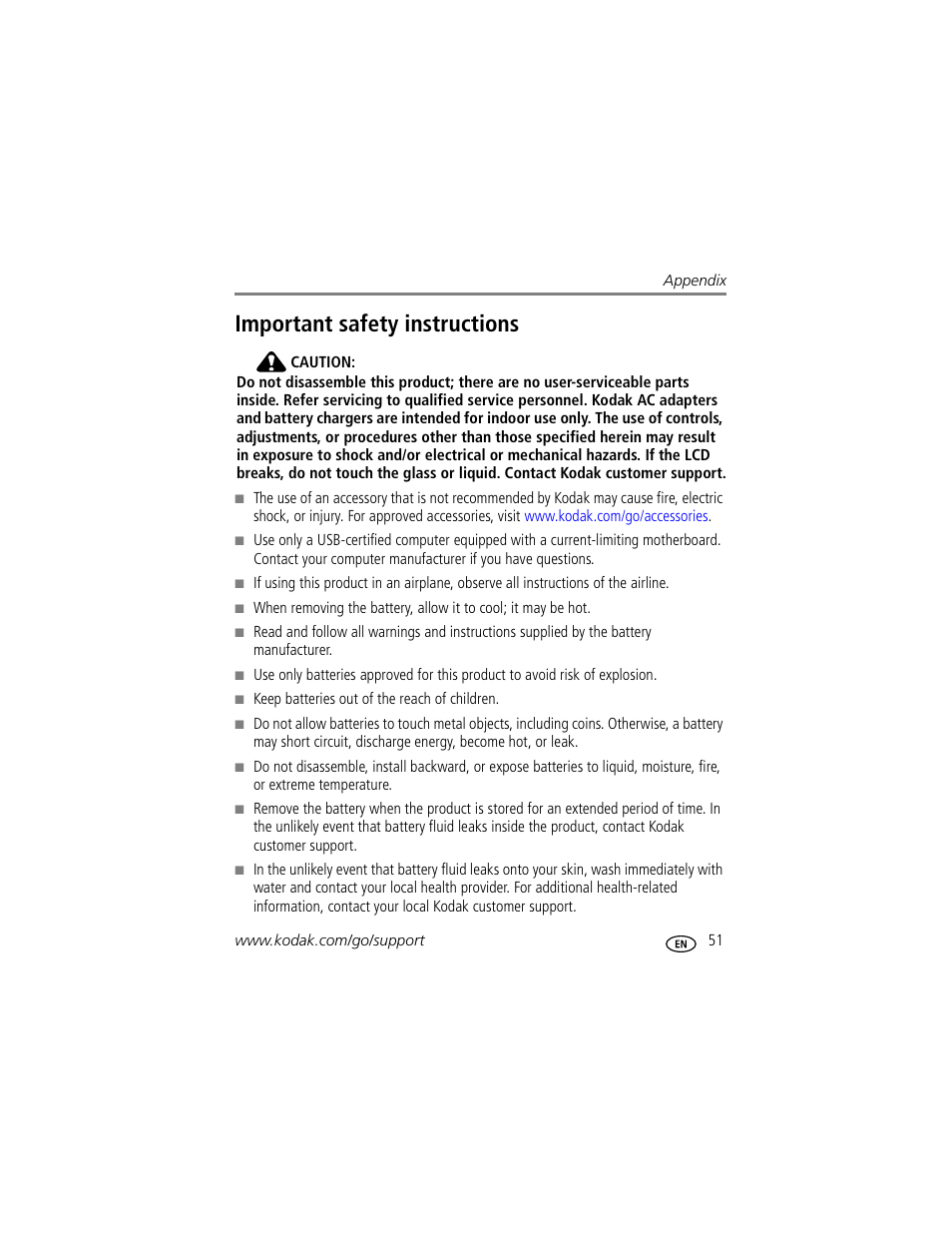 Important safety instructions | Kodak C513 User Manual | Page 57 / 69