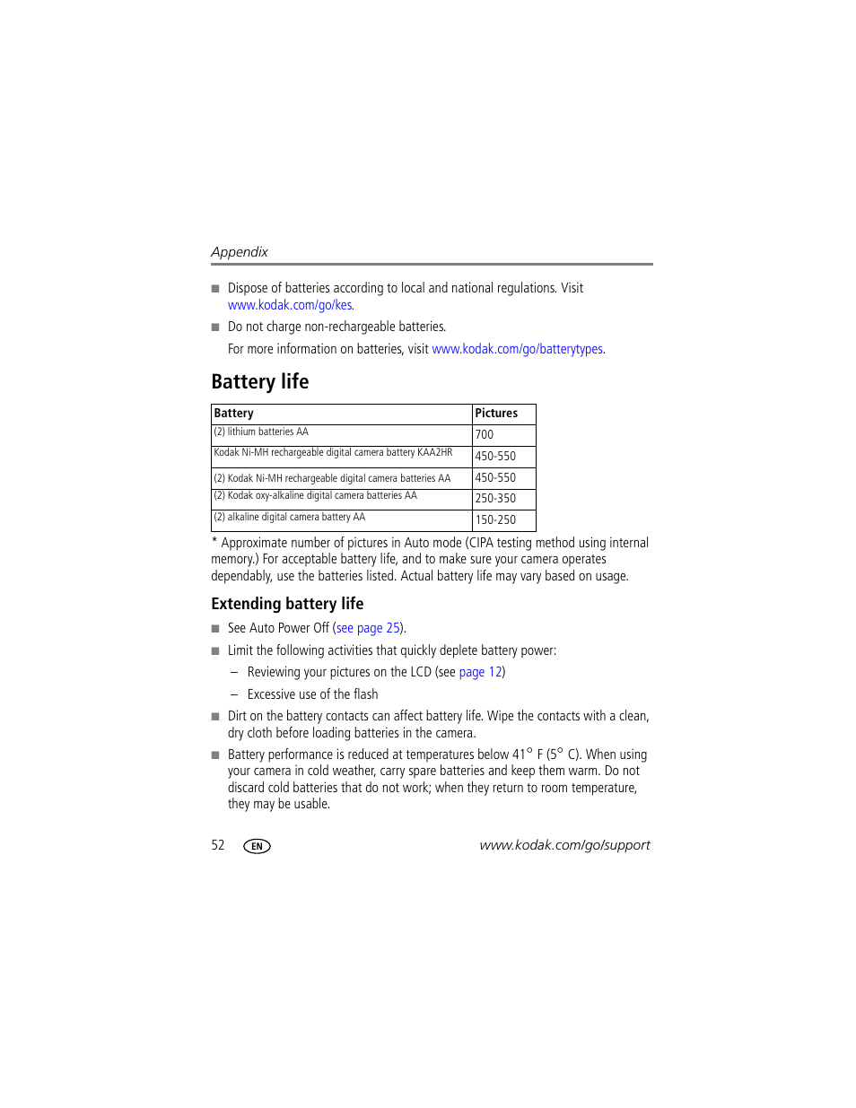 Battery life, Extending battery life | Kodak C513 User Manual | Page 58 / 69